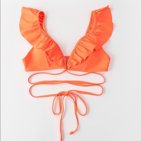 SUNCHASER || Ruffle Shoulder Bikini Top in Neon Orange - SZ Small - Picture 1 of 9